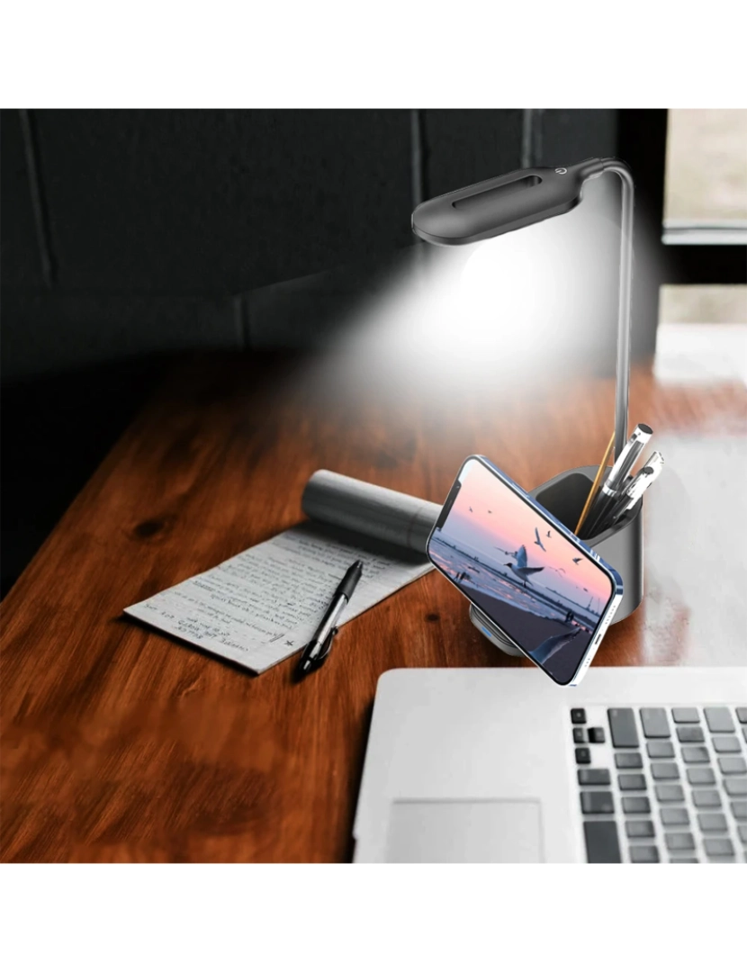 imagem de DAM Porta-canetas multifuncional  com carregador sem fio Qi, lâmpada LED ajustável e rotação de 360. 16x7,5x31 Cm. Cor branca4