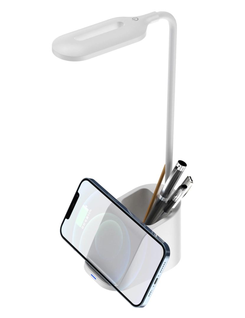 imagem de DAM Porta-canetas multifuncional  com carregador sem fio Qi, lâmpada LED ajustável e rotação de 360. 16x7,5x31 Cm. Cor branca6