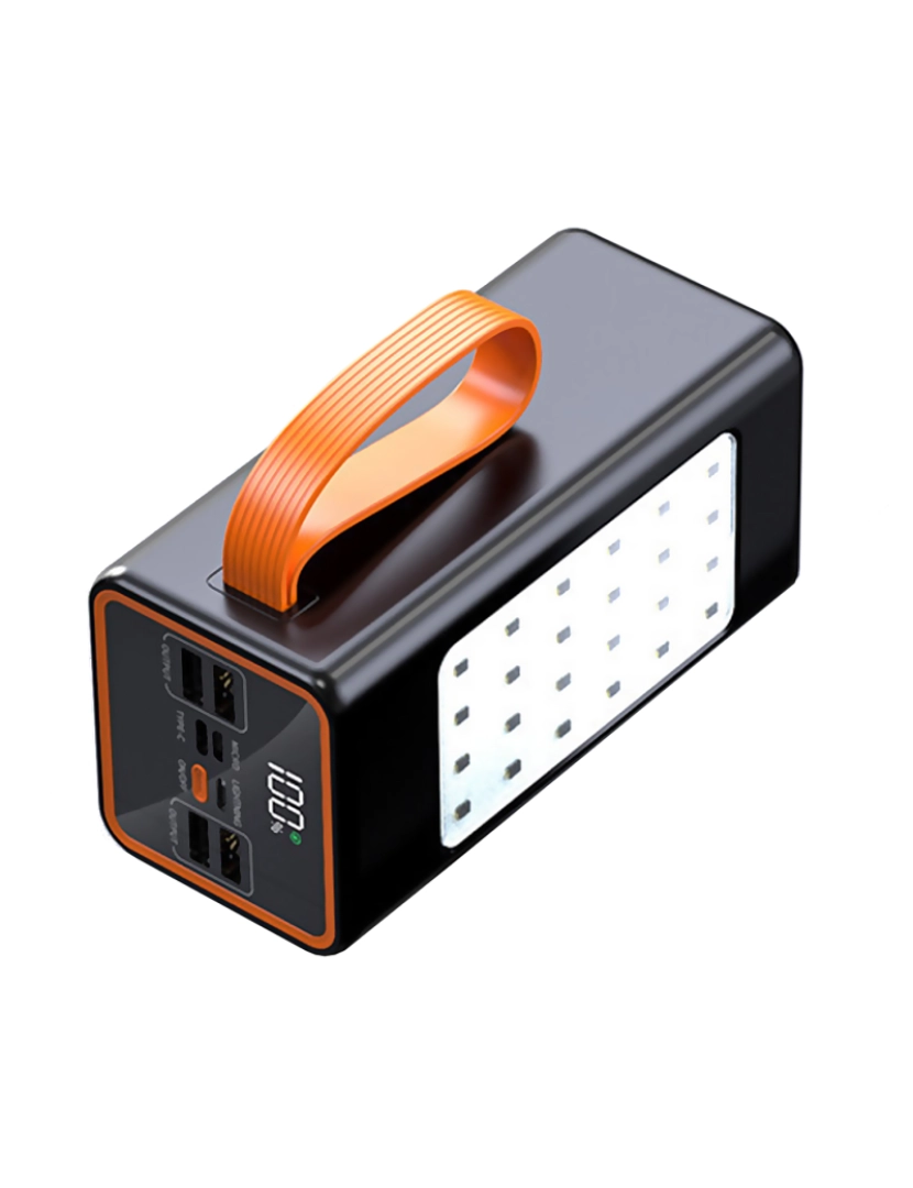 imagem de DAM  Powerbank 50.000mAh com carregamento rápido PD22.5W, 4 portas USB, pingente de transporte e lanterna de alta potência. Tela de carregamento LED. 14,8x6,5x7 cm. Cor preta7
