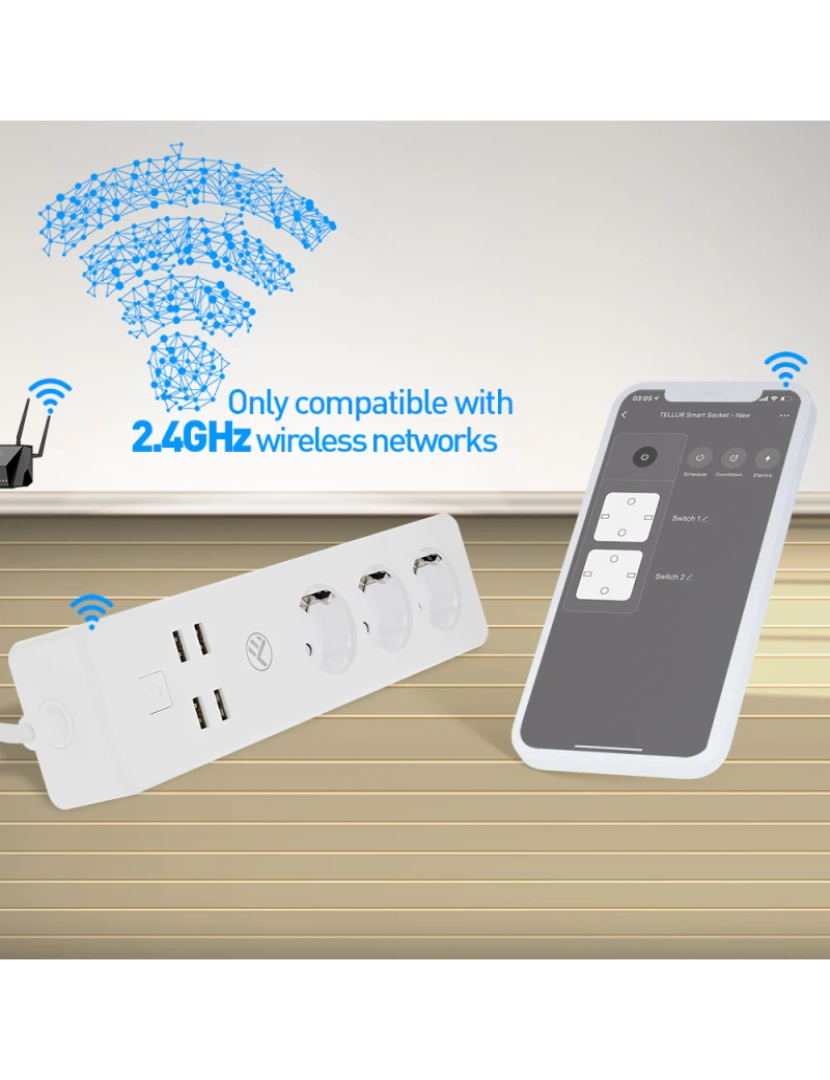 imagem de Tellur Smart Wifi Power Strip 3 Tomadas 4*Usb 4A 2200W 10A 1,8M2