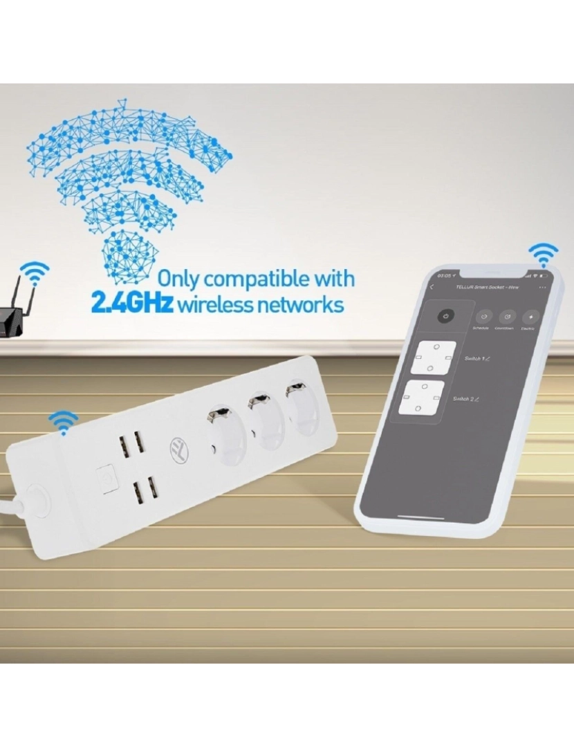 imagem de Tellur Smart Wifi Power Strip 3 Tomadas 4*Usb 4A 2200W 10A 1,8M3