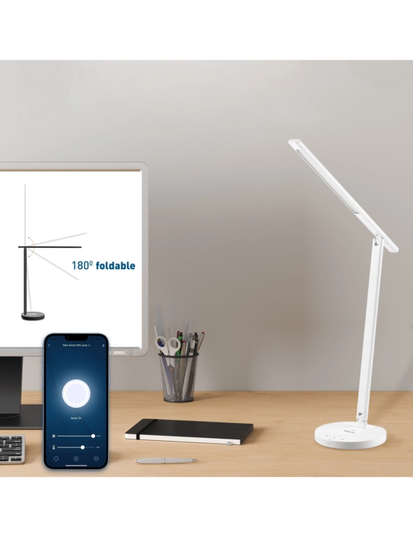 imagem de Lâmpada de mesa Tellur Smart WiFi, 12W, branca, quente, Qi 10W, USB 10W, ajustável, branca3