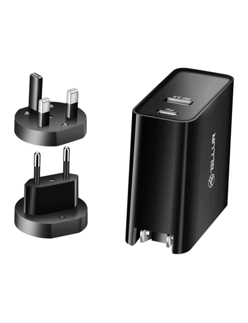 Tellur - TELLUR Pdhc1 Carregador de Parede Pd de Porta Dupla 48 W Pd30 W Qc3.0 3 Adaptadores de Plugue Eua Ue Reino Unido Preto