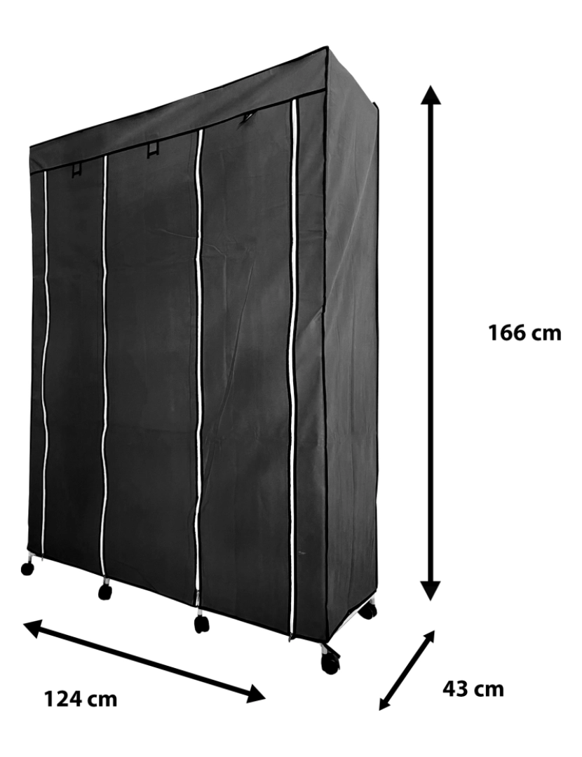 imagem de Armário de Tecido com Portas Zíper e Rodas Nyana Home 170x125x45cm 6 espaços, 3 portas, 2 guarda-roupas Preto5