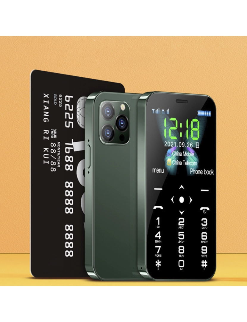 imagem de DAM Celular  Mini D13 3G, 128 MB ROM. Tela de 1,8''. Cartão SIM duplo. 3,9x0,9x8,2 cm. Cor: Verde Escuro3