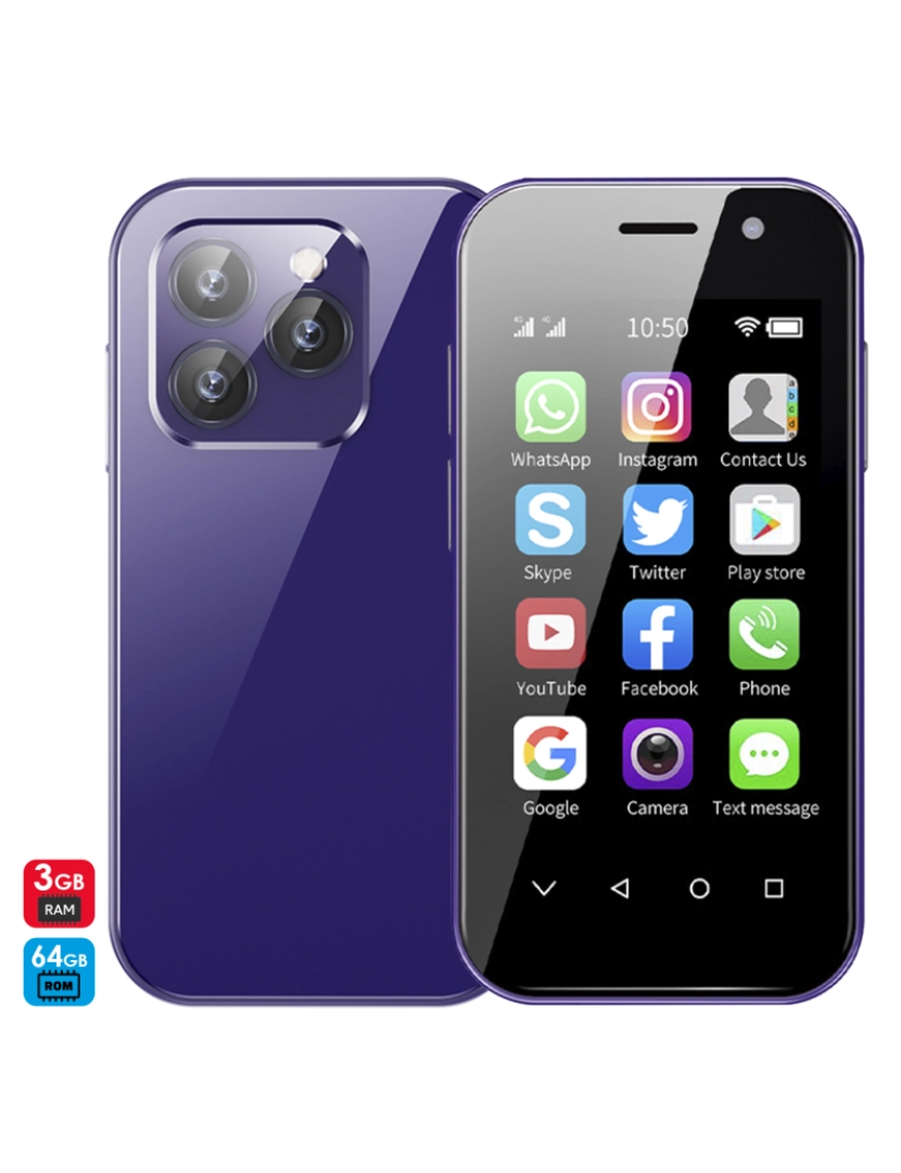DAM - DAM Smartphone  Mini 14 PRO 4G, Android 9.0, 3 GB de RAM + 64 GB. Tela de 3''. Cartão SIM duplo. 4,7x1,2x9,4cm. Cor roxo