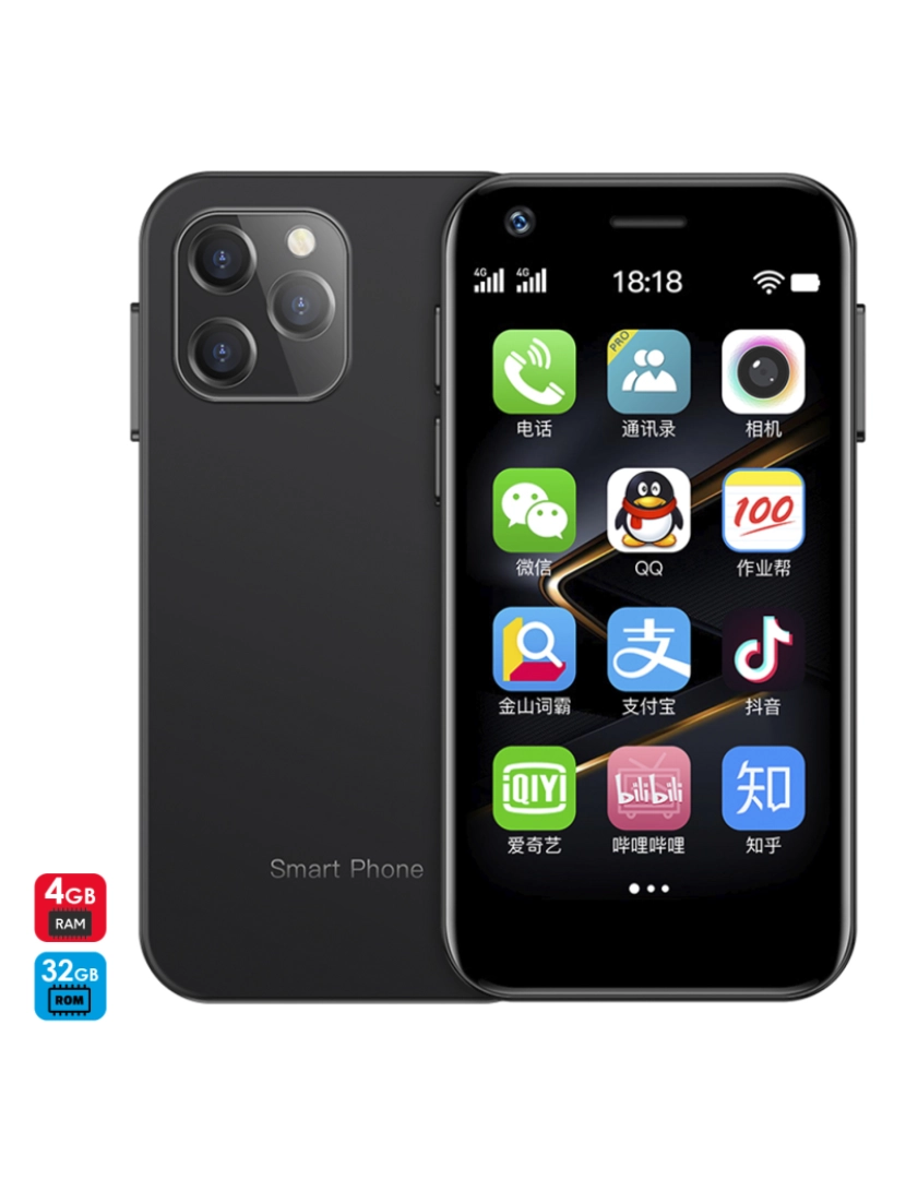 DAM - DAM Smartphone  Mini XS12 4G, Android, 4 GB de RAM + 32 GB. Tela de 3''. Cartão SIM duplo. 4,5x1,1x8,9 cm. Cor preta