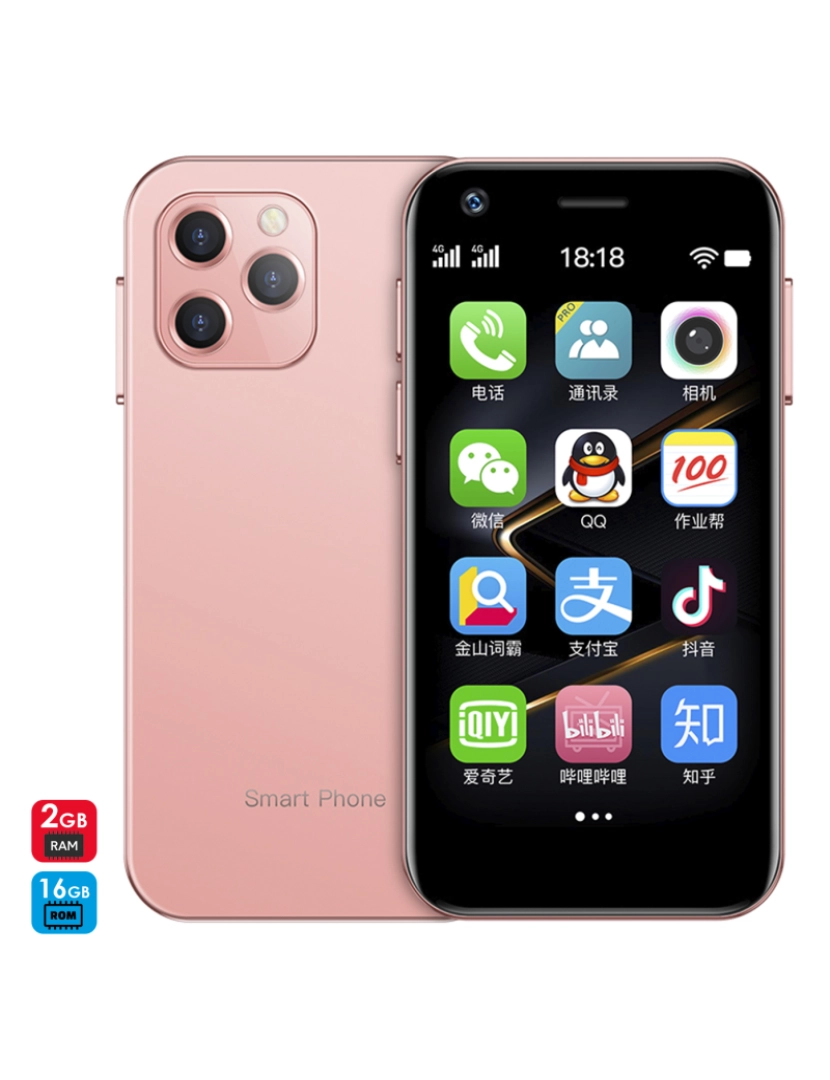 DAM - DAM Smartphone  Mini XS12 4G, Android, 2 GB de RAM + 16 GB. Tela de 3''. Cartão SIM duplo. 4,5x1,1x8,9 cm. Cor rosa
