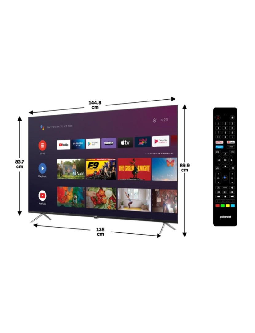 imagem de POLAROID - Televisor LED ANDROID - 65" (164cm) - 4K UHD - WiFi - Bluetooth 5.0 - Netflix - YouTube - 4x HDMI - 3x USB3