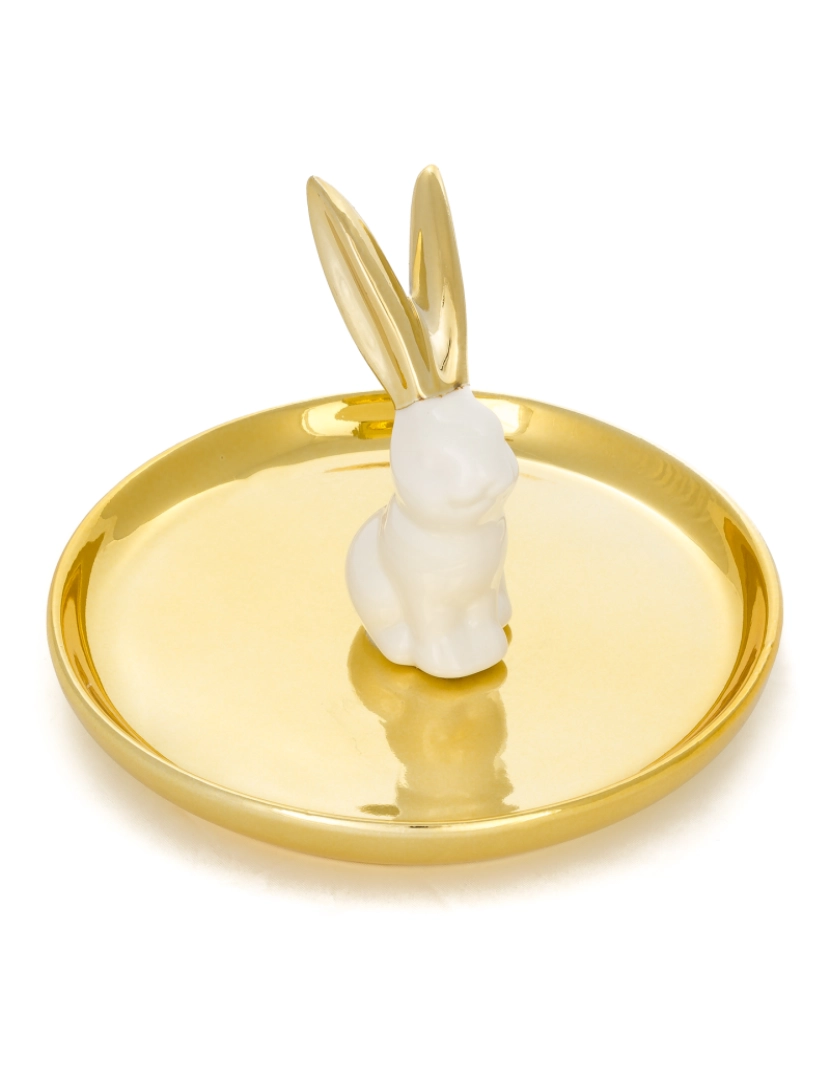 DAM - DAM  Figura decorativa de coelho em porcelana sobre prato 12,5x12,5x8 Cm. Cor: Ouro