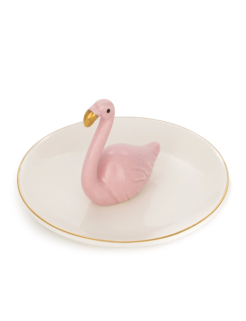 imagem de DAM  Figura decorativa flamingo em porcelana sobre prato 12x12x6,5 cm. Cor rosa1