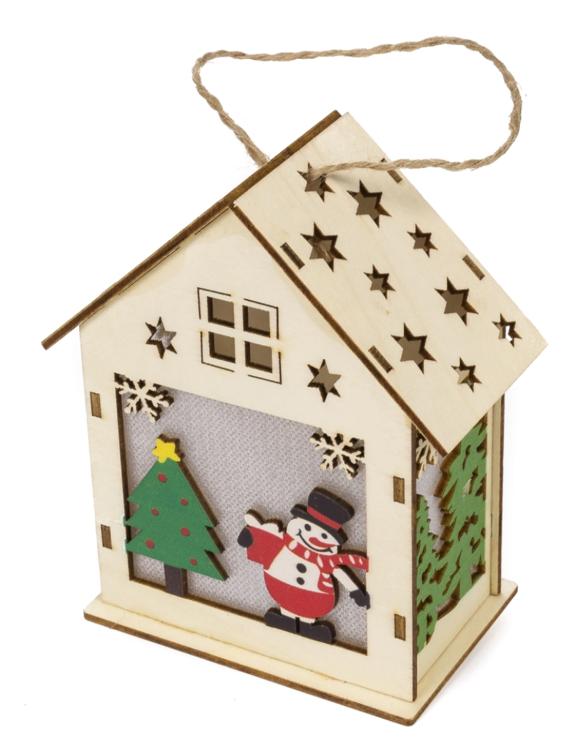 DAM - DAM  Pendente de casa de madeira com boneco de neve LED e desenho de árvore de Natal. 10x5,5x12 cm. Cor: Bege Claro