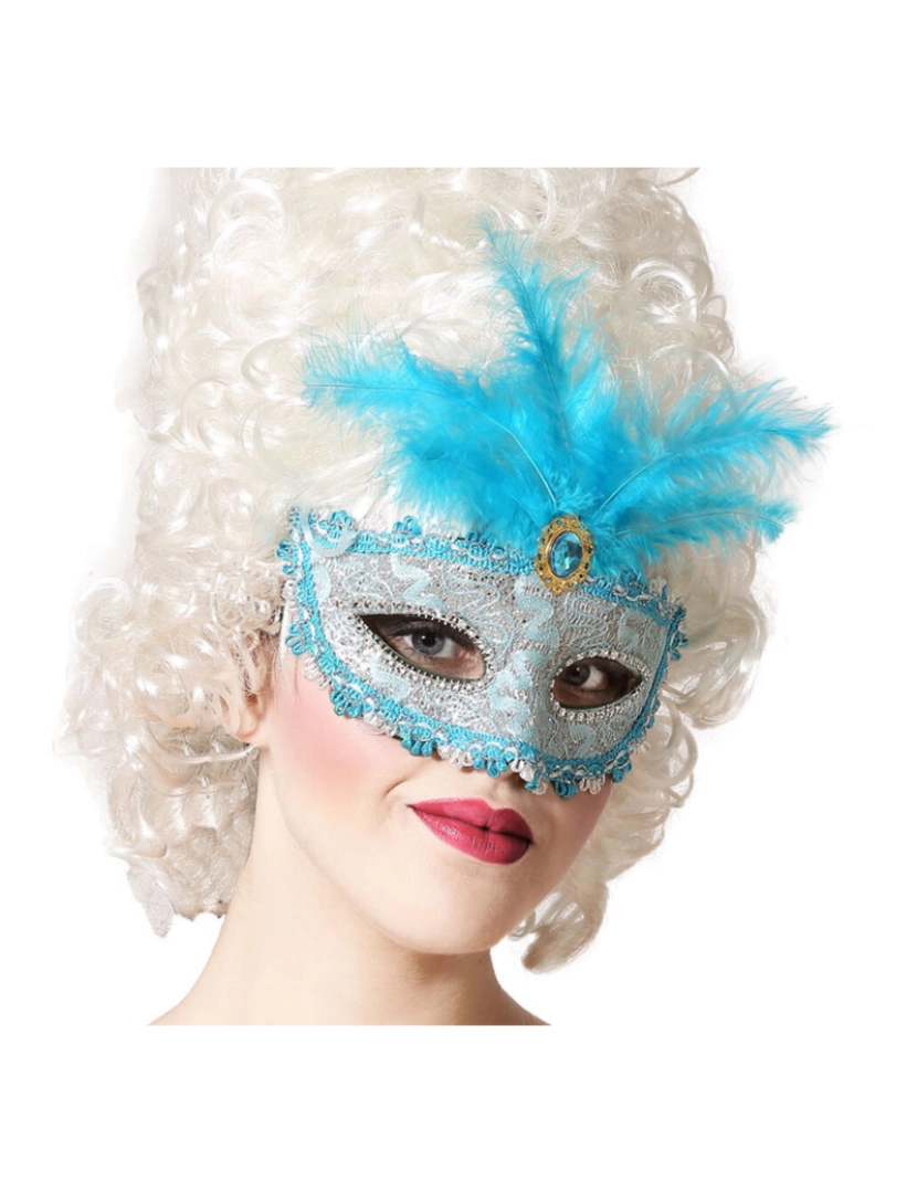 Bigbuy Carnival - Máscara com Plumas Azul 17 x 17 cm