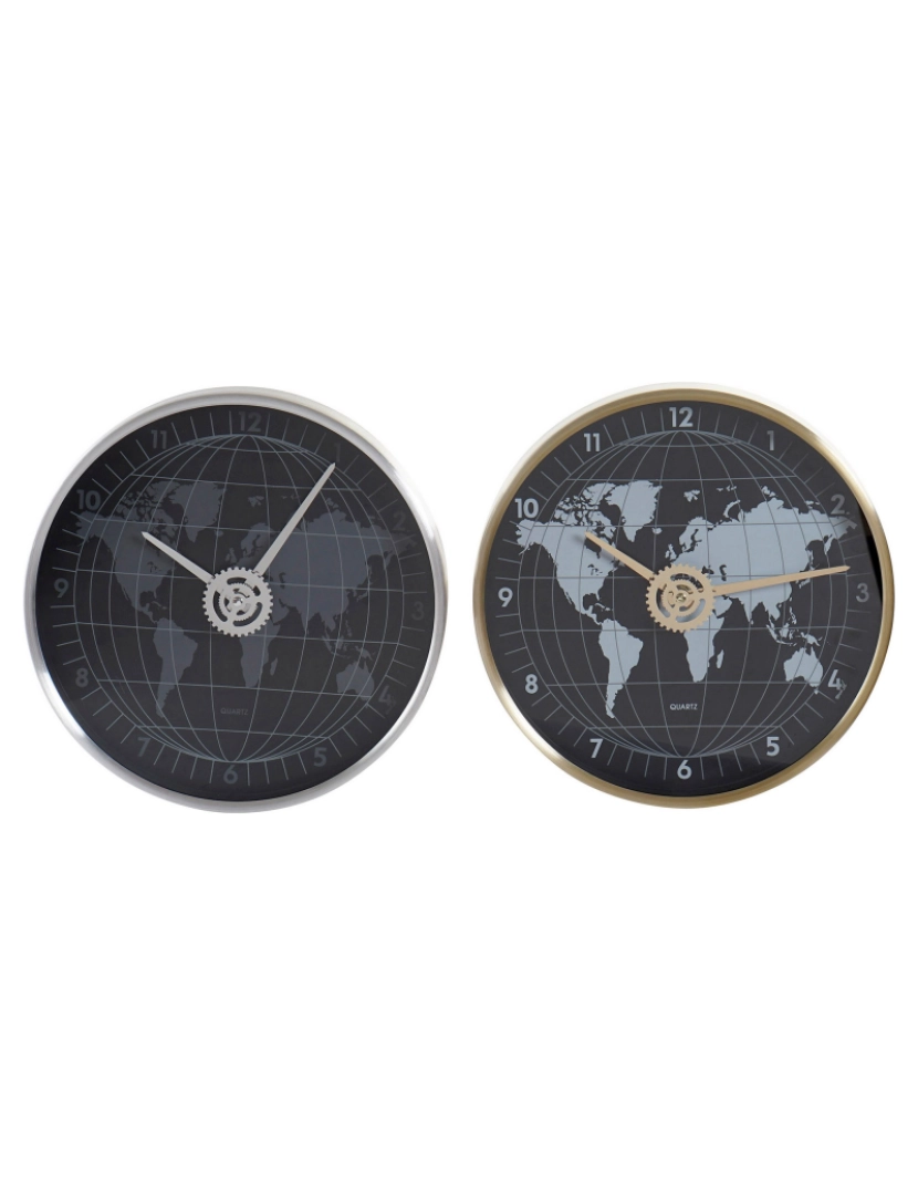 DKD Home Decor - Relógio de Parede DKD Home Decor Preto Dourado Prateado Alumínio Cristal Mapa do Mundo 30 x 4,3 x 30 cm (2 Unidades)