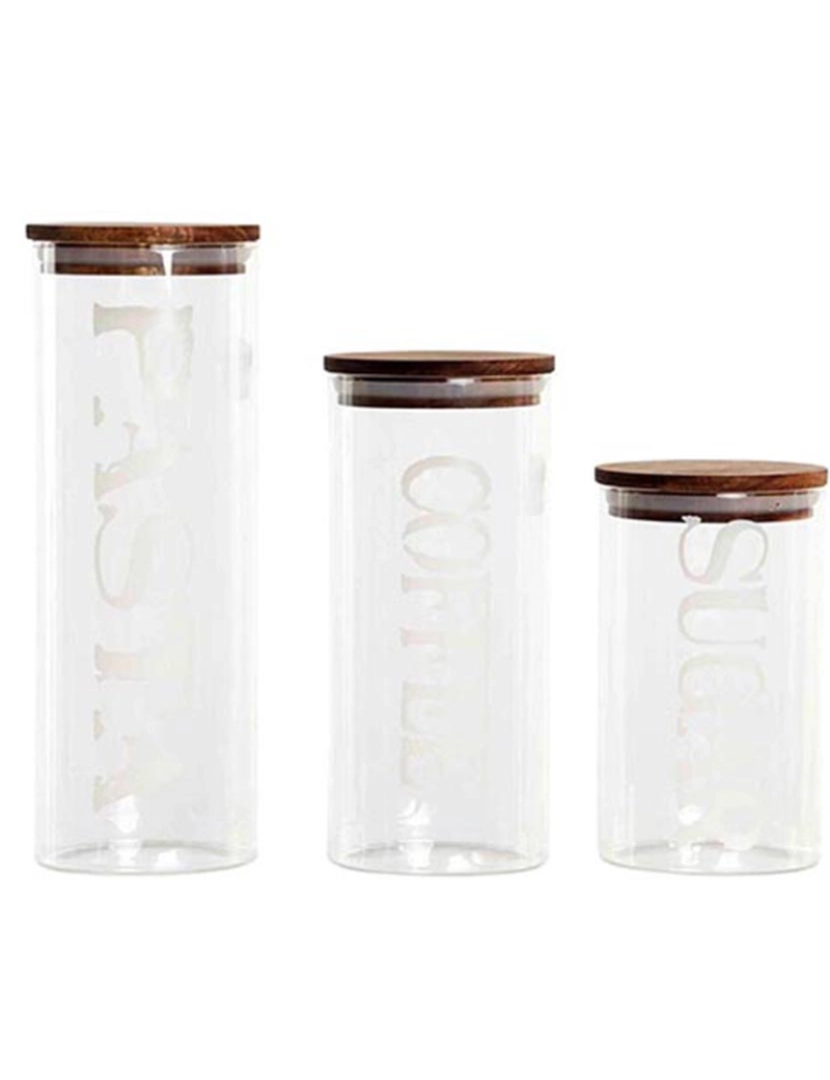 DKD Home - Conjunto de 3 Potes DKD Home Decor 10,2 x 10,2 x 27,7 cm Natural Transparente Acácia Letras Vidro de Borosilicato