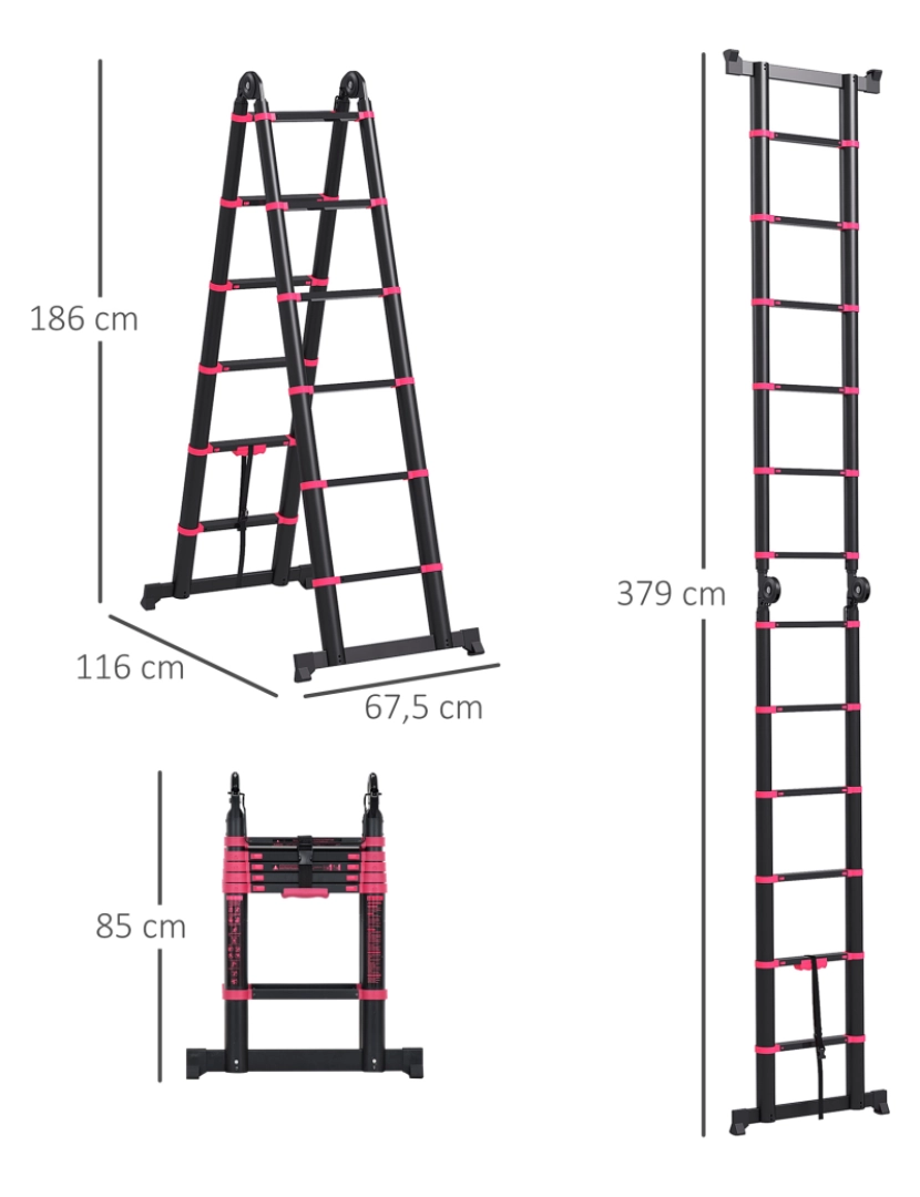 imagem de Escada Dobrável 67,5x11x379cm cor preto e vermelho B72-033V02RD3