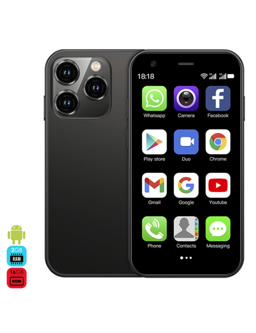 DAM - DAM Mini smartphone XS15 3G, Android 8.1, 2 GB de RAM + 16 GB. Tela de 3''. Cartão SIM duplo. 4,5x1,2x10,2 cm. Cor preta
