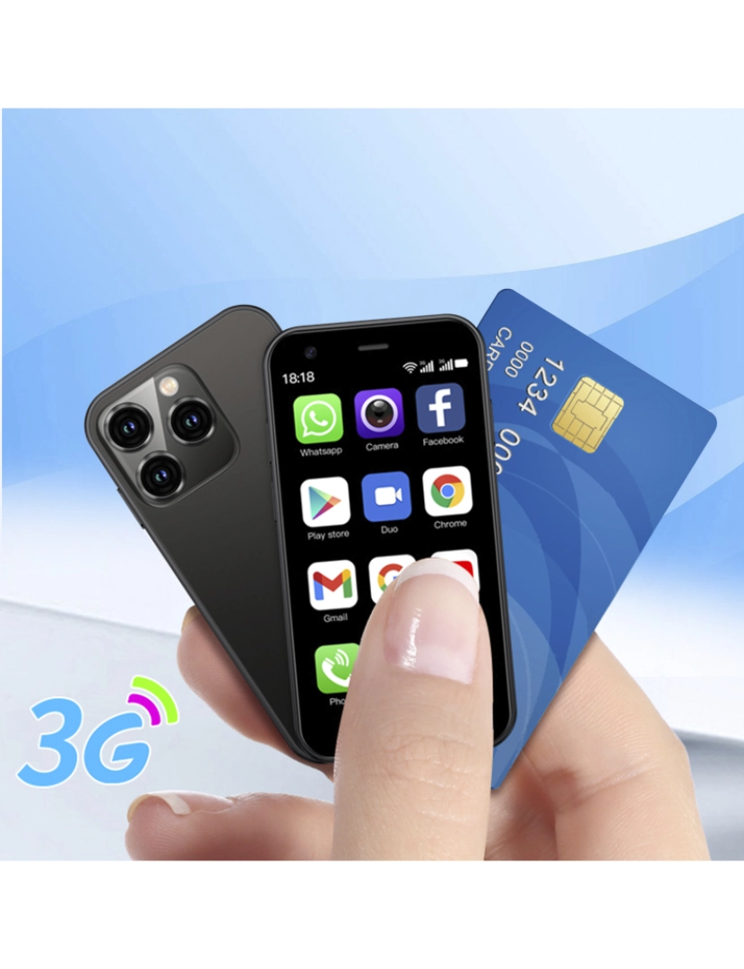imagem de DAM Mini smartphone XS15 3G, Android 8.1, 2 GB de RAM + 16 GB. Tela de 3''. Cartão SIM duplo. 4,5x1,2x10,2 cm. Cor preta3