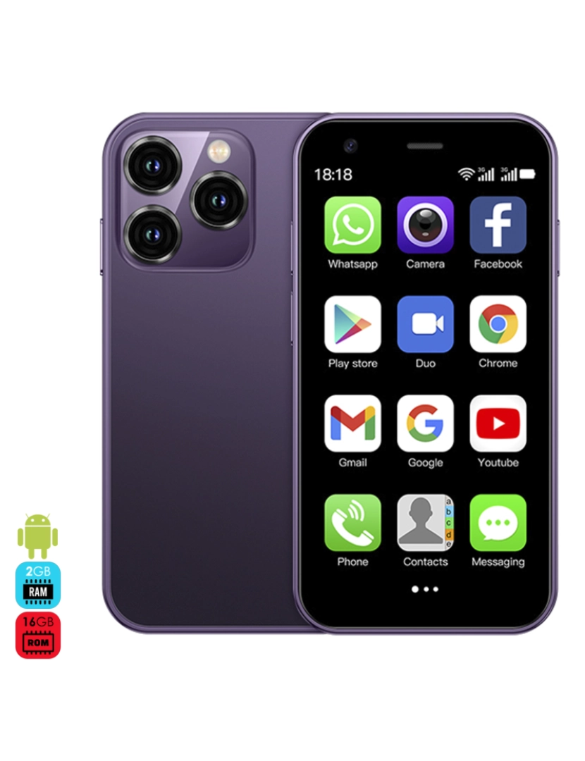 DAM - DAM Mini smartphone XS15 3G, Android 8.1, 2 GB de RAM + 16 GB. Tela de 3''. Cartão SIM duplo. 4,5x1,2x10,2 cm. Cor roxo