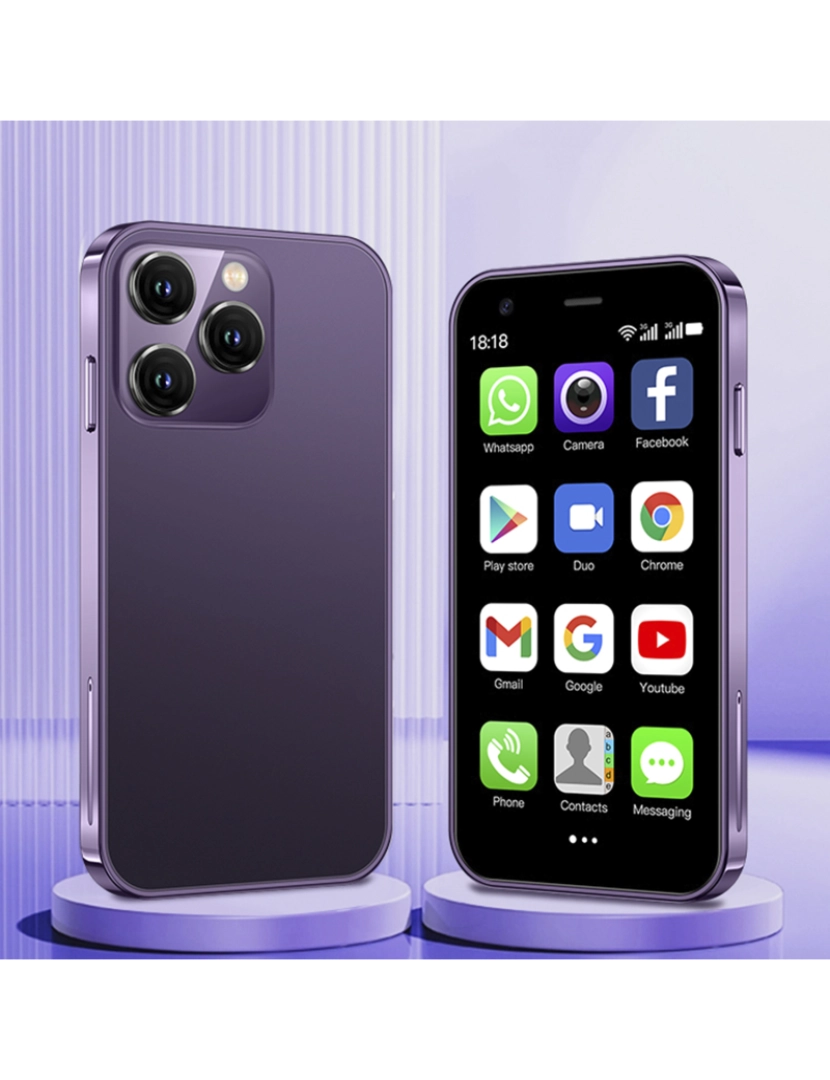 imagem de DAM Mini smartphone XS15 3G, Android 8.1, 2 GB de RAM + 16 GB. Tela de 3''. Cartão SIM duplo. 4,5x1,2x10,2 cm. Cor roxo2