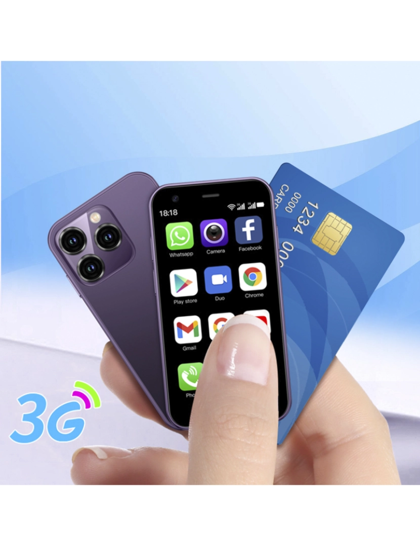 imagem de DAM Mini smartphone XS15 3G, Android 8.1, 2 GB de RAM + 16 GB. Tela de 3''. Cartão SIM duplo. 4,5x1,2x10,2 cm. Cor roxo3