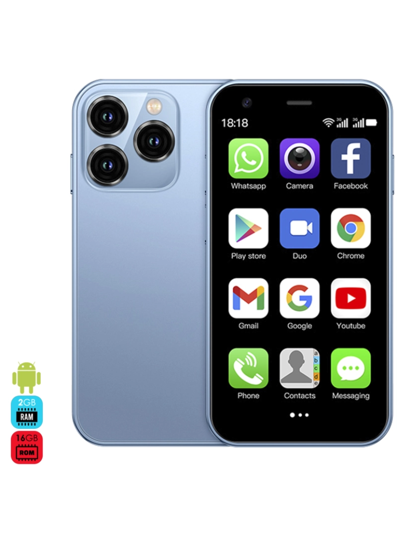 DAM - DAM Mini smartphone XS15 3G, Android 8.1, 2 GB de RAM + 16 GB. Tela de 3''. Cartão SIM duplo. 4,5x1,2x10,2 cm. Cor azul