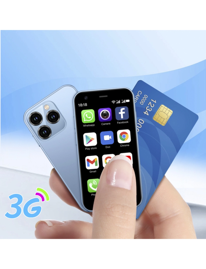 imagem de DAM Mini smartphone XS15 3G, Android 8.1, 2 GB de RAM + 16 GB. Tela de 3''. Cartão SIM duplo. 4,5x1,2x10,2 cm. Cor azul3