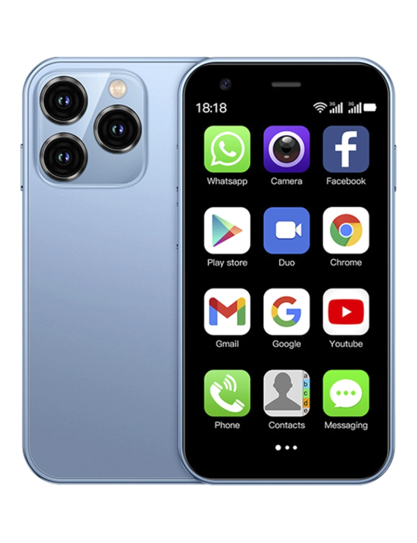 imagem de DAM Mini smartphone XS15 3G, Android 8.1, 2 GB de RAM + 16 GB. Tela de 3''. Cartão SIM duplo. 4,5x1,2x10,2 cm. Cor azul8