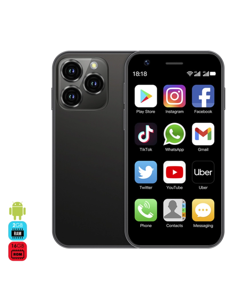 DAM - DAM Mini smartphone XS16 4G, Android 8.1, 2 GB de RAM + 16 GB. Tela de 3''. Cartão SIM duplo. 4,5x1,2x10,2 cm. Cor preta
