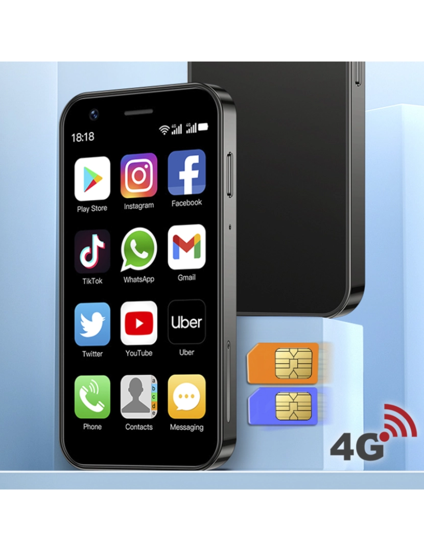 imagem de DAM Mini smartphone XS16 4G, Android 8.1, 2 GB de RAM + 16 GB. Tela de 3''. Cartão SIM duplo. 4,5x1,2x10,2 cm. Cor preta4