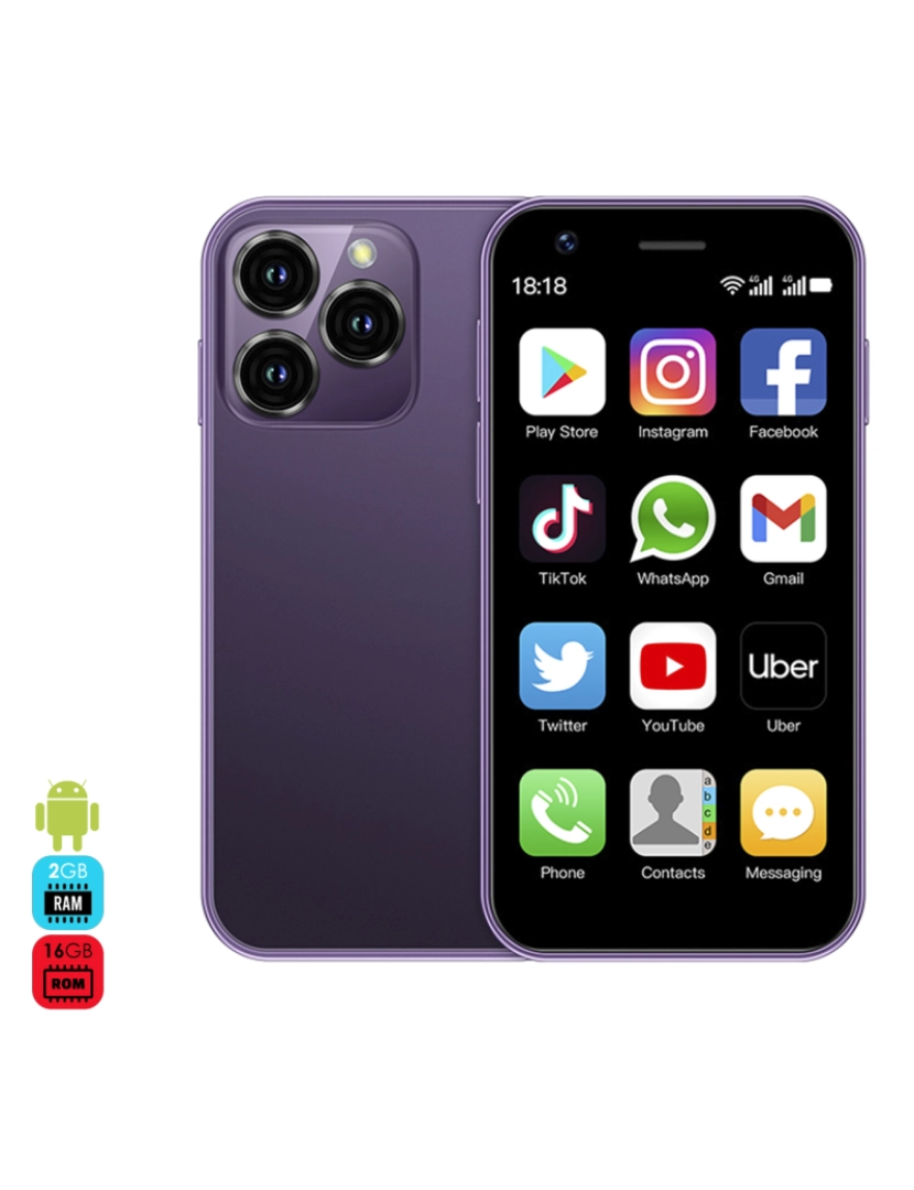 DAM - DAM Mini smartphone XS16 4G, Android 8.1, 2 GB de RAM + 16 GB. Tela de 3''. Cartão SIM duplo. 4,5x1,2x10,2 cm. Cor roxo