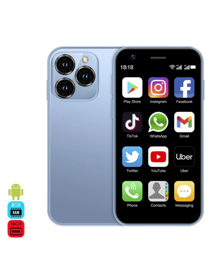 DAM - DAM Mini smartphone XS16 4G, Android 8.1, 2 GB de RAM + 16 GB. Tela de 3''. Cartão SIM duplo. 4,5x1,2x10,2 cm. Cor azul