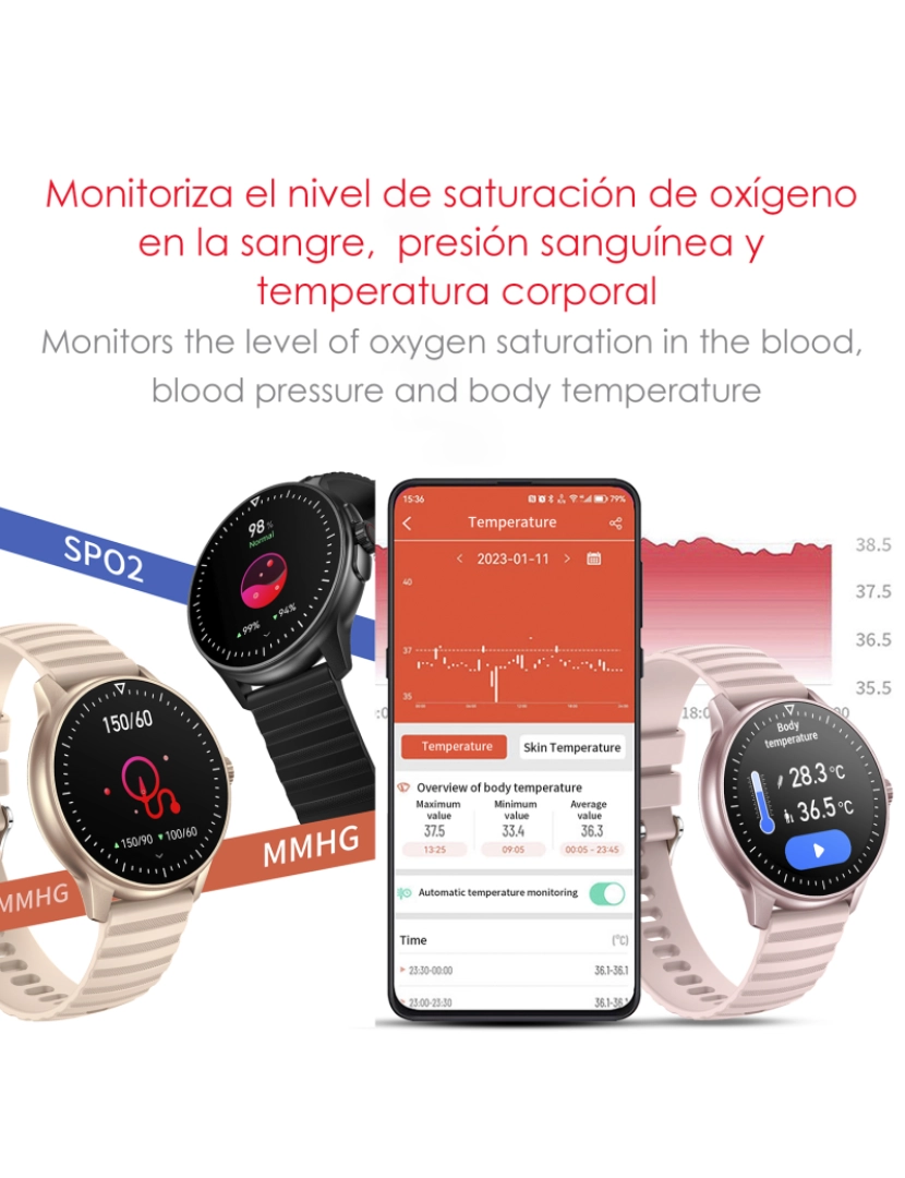 imagem de DAM Smartwatch ZW45 com notificações de aplicativos, chamadas Bluetooth. Monitor de pressão arterial e oxigênio. Coroa multifuncional. 4,9x1,1x4,7cm. Cor rosa6