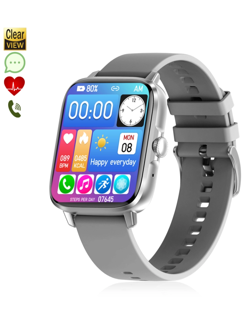 DAM - DAM Smartwatch DT102, tela de alta resolução. Monitor cardíaco, ECG, modo multiesportivo. Notificações de aplicativo. 4,4x1,4x3,8 cm. Cor cinzenta