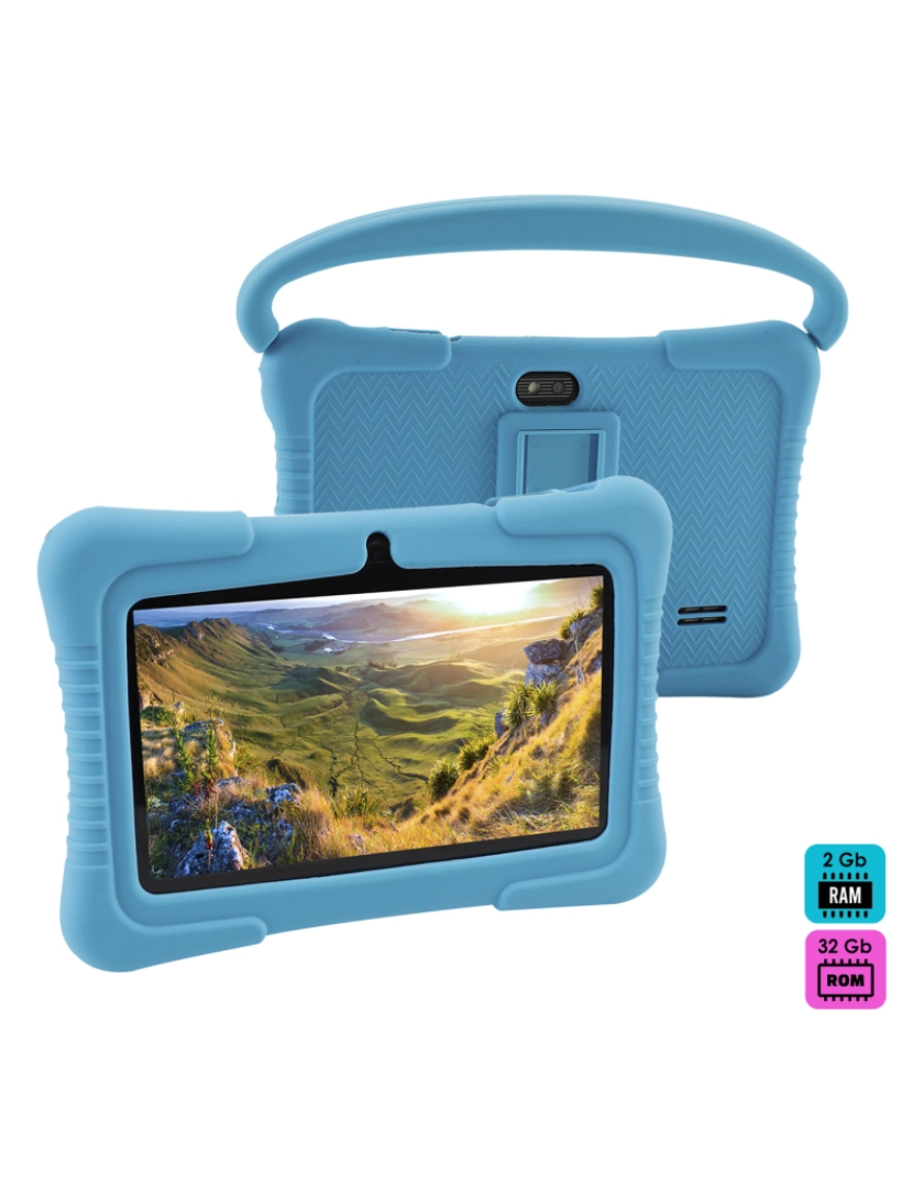 DAM - DAM Tablet infantil Q8 WiFi. Sistema operacional Android 10 com IWAWA. Tela 7'' 1024x600px. Allwinner A100, ARM Cortex™-A53 Quad-Core, 1,6 GHz, 2 GB de RAM + 32 GB. Câmara dupla, invólucro de silicone. 18,6x0,8x12,1 cm. Cor azul