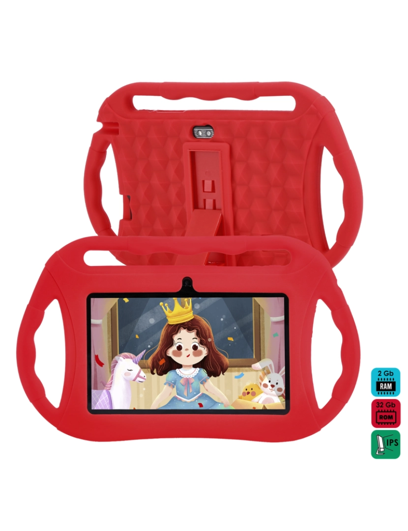 DAM - DAM Tablet infantil Q8 WiFi. Sistema operacional Android 10 com IWAWA. Tela 7'' 1024x600px. Allwinner A100, ARM Cortex™-A53 Quad-Core, 1,6 GHz, 2 GB de RAM + 32 GB. Câmara dupla, invólucro de silicone. 18,6x0,8x12,1 cm. cor vermelha