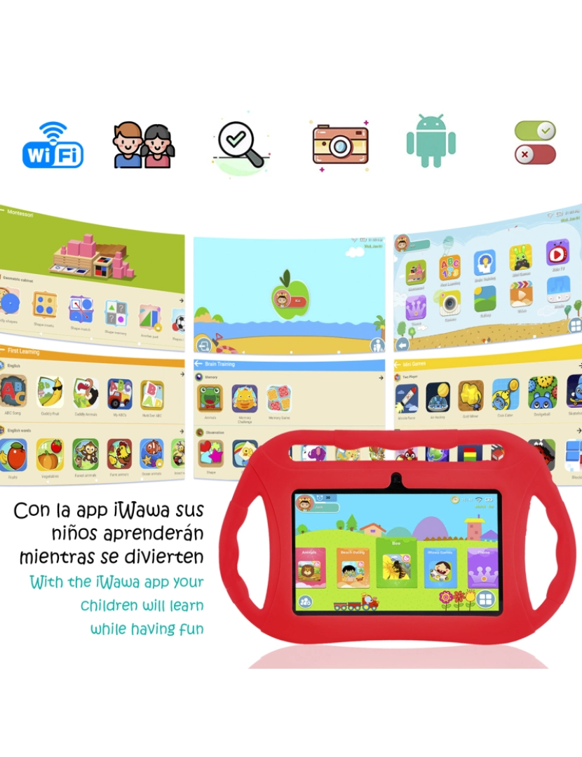 imagem de DAM Tablet infantil Q8 WiFi. Sistema operacional Android 10 com IWAWA. Tela 7'' 1024x600px. Allwinner A100, ARM Cortex™-A53 Quad-Core, 1,6 GHz, 2 GB de RAM + 32 GB. Câmara dupla, invólucro de silicone. 18,6x0,8x12,1 cm. cor vermelha2