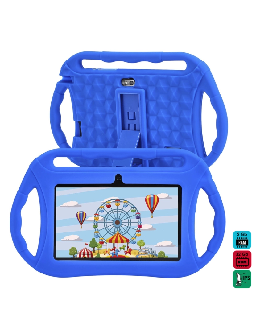 DAM - DAM Tablet infantil Q8 WiFi. Sistema operacional Android 10 com IWAWA. Tela 7'' 1024x600px. Allwinner A100, ARM Cortex™-A53 Quad-Core, 1,6 GHz, 2 GB de RAM + 32 GB. Câmara dupla, invólucro de silicone. 18,6x0,8x12,1 cm. Cor azul