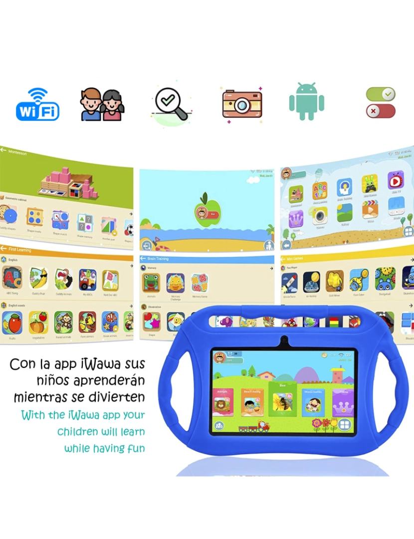 imagem de DAM Tablet infantil Q8 WiFi. Sistema operacional Android 10 com IWAWA. Tela 7'' 1024x600px. Allwinner A100, ARM Cortex™-A53 Quad-Core, 1,6 GHz, 2 GB de RAM + 32 GB. Câmara dupla, invólucro de silicone. 18,6x0,8x12,1 cm. Cor azul2