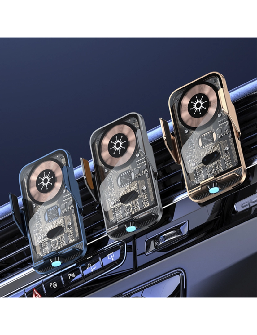 imagem de DAM Carregador de carro Qi 15W C11 com rotação de 360°. Para entrada de ar. Suporta carregamento padrão com adaptadores USB-C, micro USB e Lightning. 7x5x11 cm. Cor: Azul Escuro6
