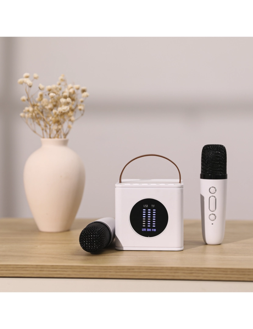 imagem de DAM Kit Karaokê Bluetooth com alto-falante e 2 microfones. 10W, bateria embutida. 10x8,5x9 cm. Cor branca3