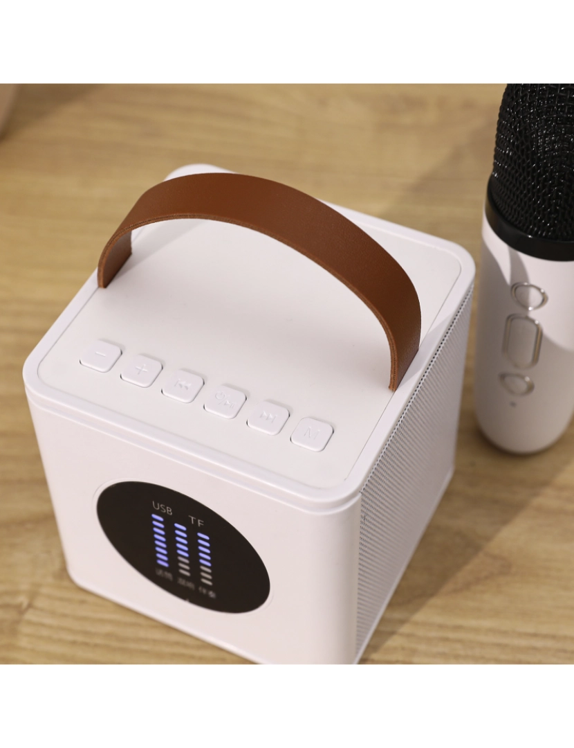 imagem de DAM Kit Karaokê Bluetooth com alto-falante e 2 microfones. 10W, bateria embutida. 10x8,5x9 cm. Cor branca4