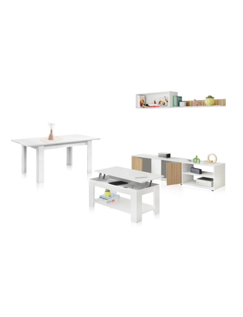 imagem de Pack salón Iris Max con mesa de centro y mesa de comedor Blanco Artik (Blanco Mate) - Natur 180 (mueble tv) / 80 (módulo superior) / 100 (estante de2