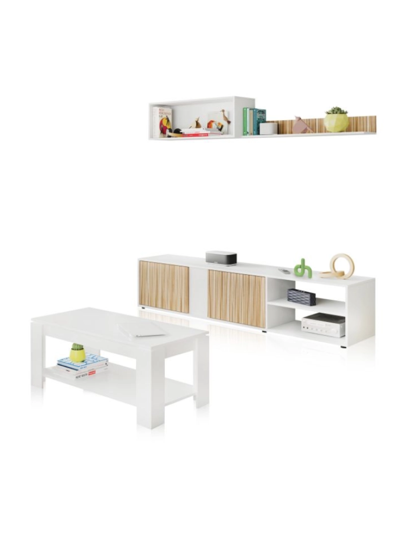 imagem de Pack sala de estar com mesa de centro Alix Plus Blanco Artik (Blanco Mate) - Natur 180 (mueble tv) / 80 (módulo superior) / 100 (estante de colgar)1