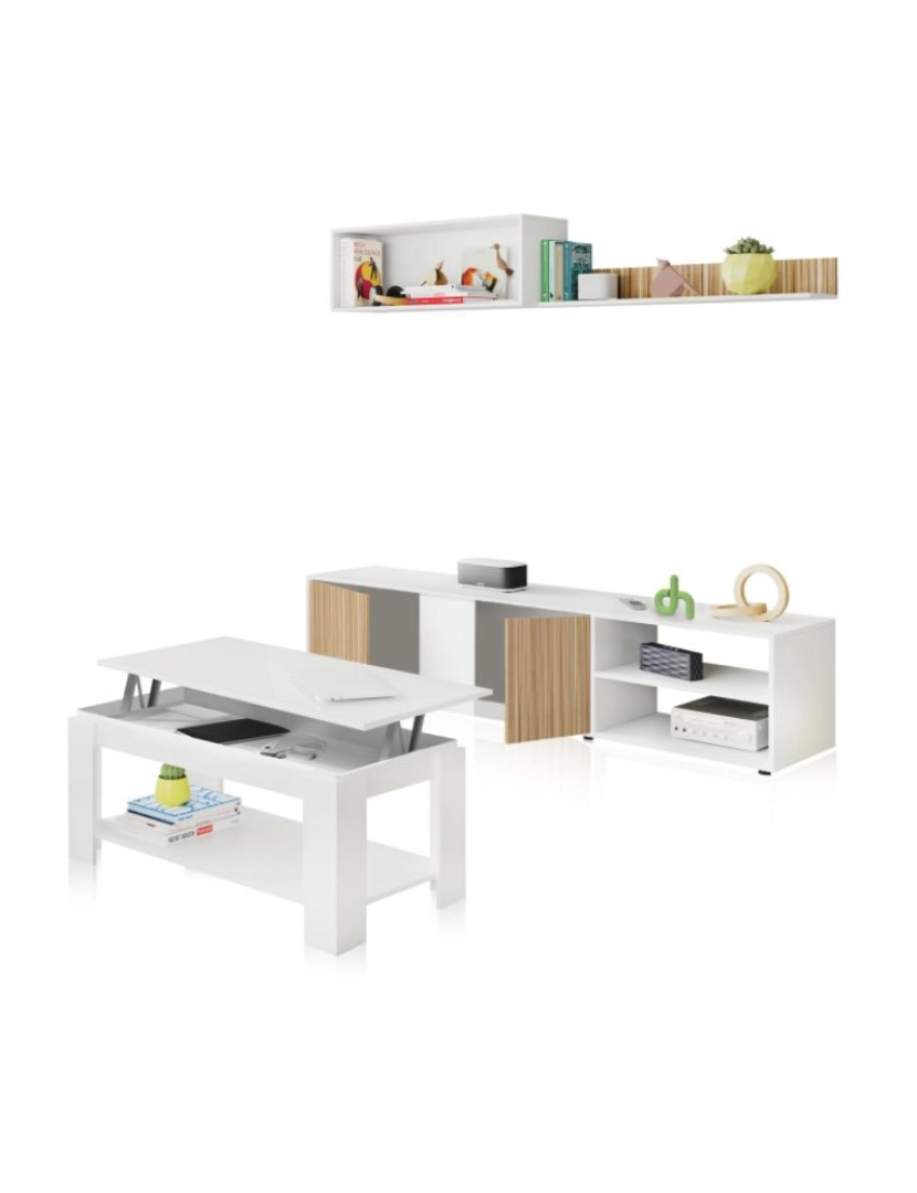 imagem de Pack sala de estar com mesa de centro Alix Plus Blanco Artik (Blanco Mate) - Natur 180 (mueble tv) / 80 (módulo superior) / 100 (estante de colgar)2