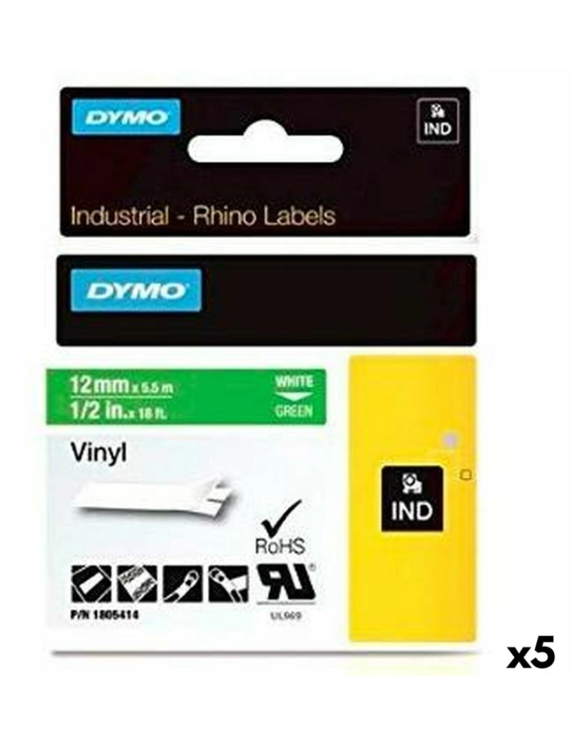 Dymo - Cinta laminada para máquinas rotuladoras Rhino Dymo ID1-12 12 x 5,5 mm Branco Verde Etiqueta Autoadesivas (5 Unidades)