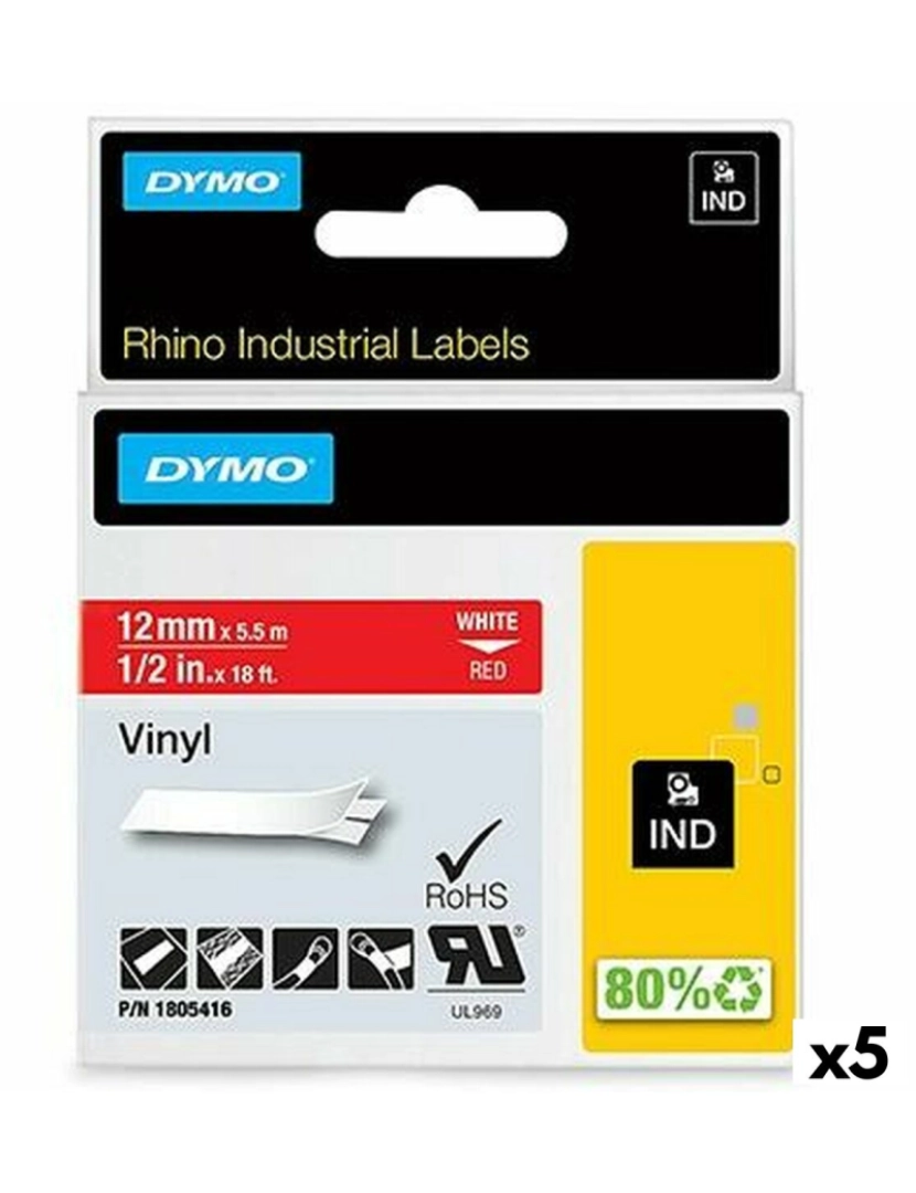 Dymo - Cinta laminada para máquinas rotuladoras Rhino Dymo ID1-12 12 x 5,5 mm Vermelho Branco Etiqueta Autoadesivas (5 Unidades)