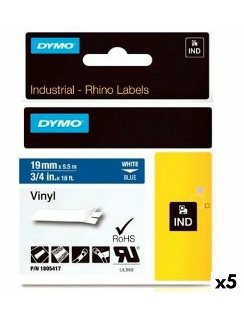 Dymo - Cinta laminada para máquinas rotuladoras Dymo Rhino 19 mm x 5,5 m Azul Branco Etiqueta (5 Unidades)