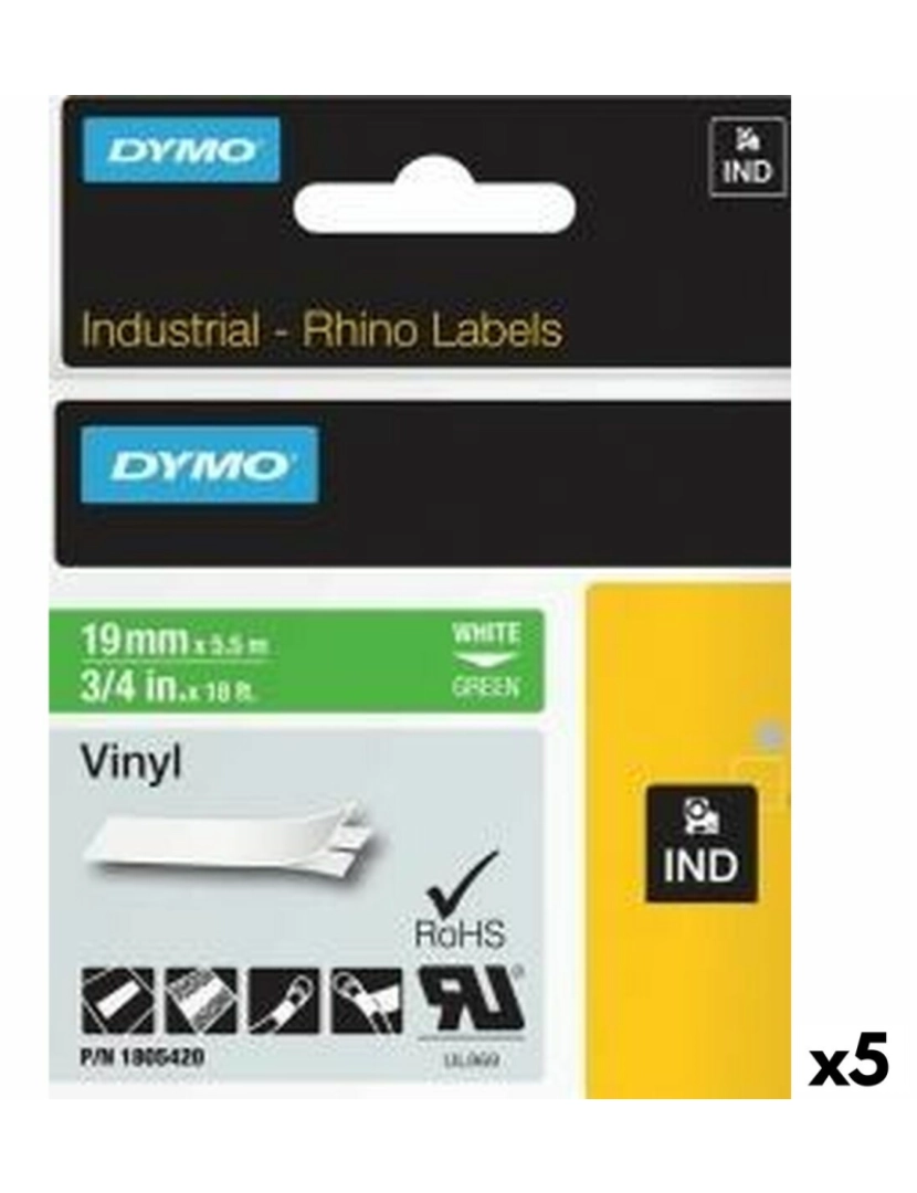 Dymo - Cinta laminada para máquinas rotuladoras Rhino Dymo ID1-19 19 x 5,5 mm Branco Verde Etiqueta Autoadesivas (5 Unidades)