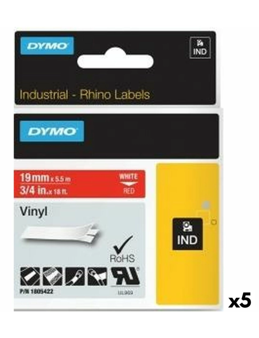 Dymo - Cinta laminada para máquinas rotuladoras Rhino Dymo ID1-19 19 x 5,5 mm Vermelho Branco Etiqueta Autoadesivas (5 Unidades)
